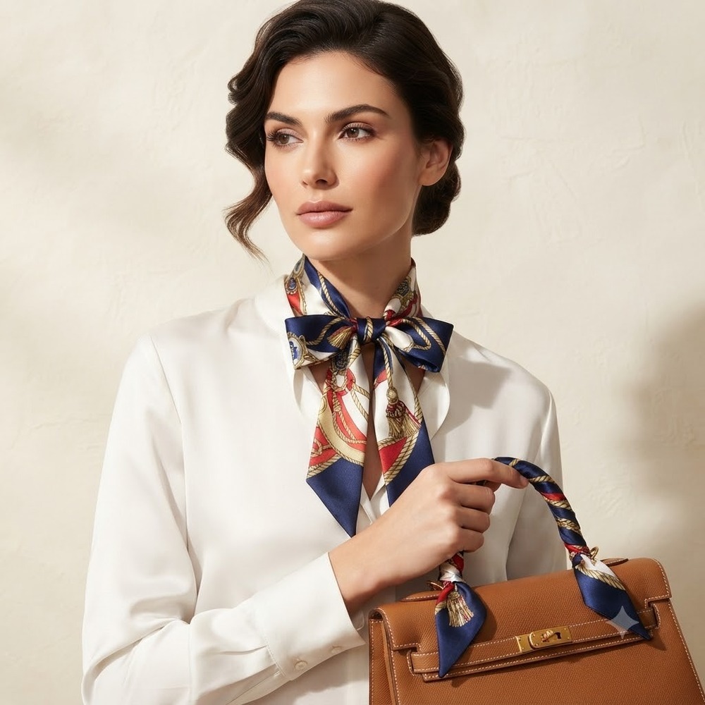 Silk-Effect Navy and Red Printed Neck Scarf